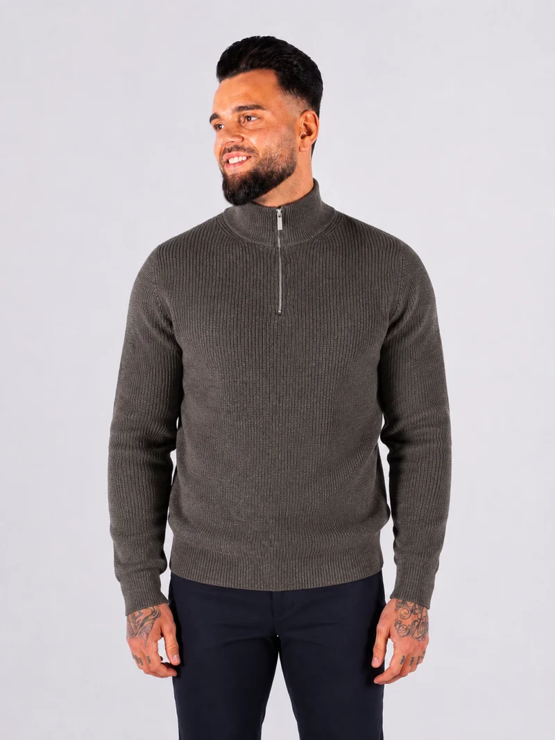 Quarter Zip Funnel Neck, Rib Knitwear - Brown