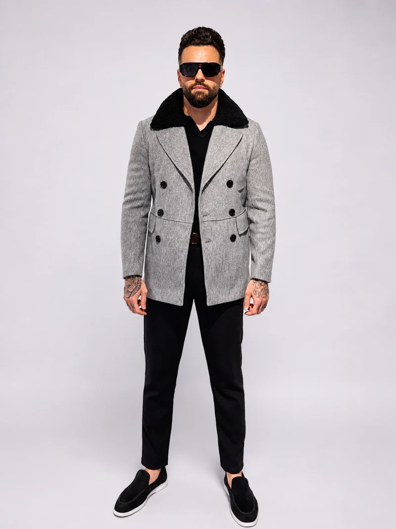 Double Breasted Short Coat With Fur Trim - Grey