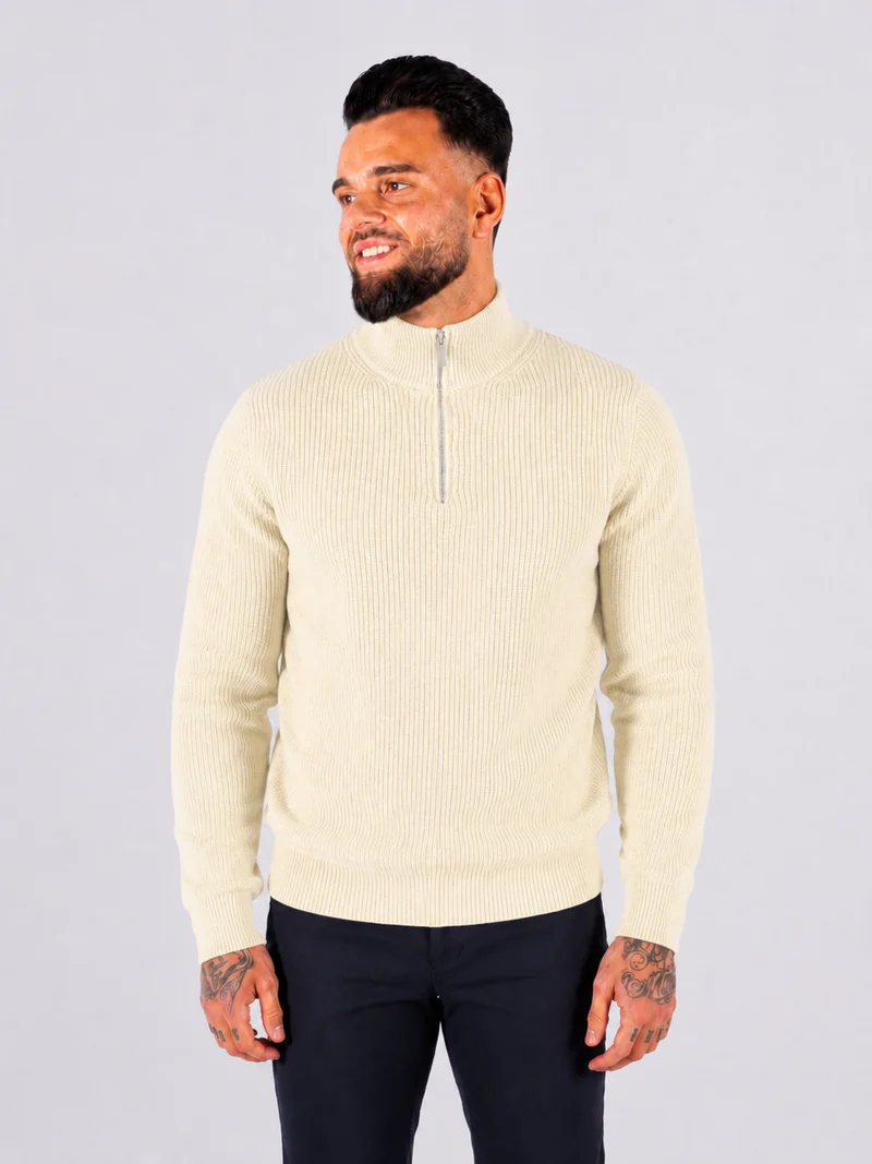 Quarter Zip Funnel Neck, Rib Knitwear - Beige
