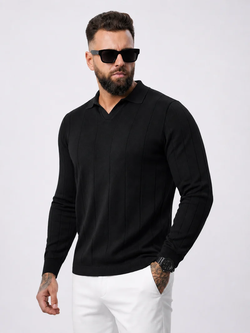 Buttonless Knitwear Polo Long Sleeve Black