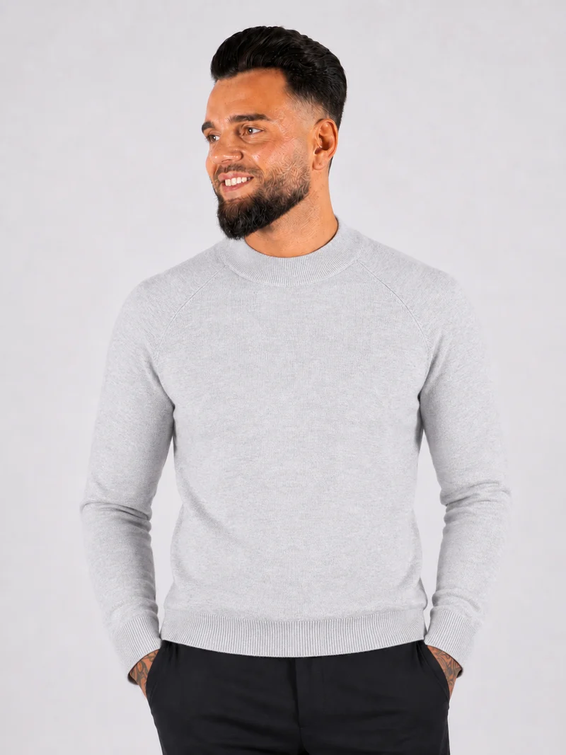 Crewneck Knitwear, Plain with Raglan Sleeve - Light Grey