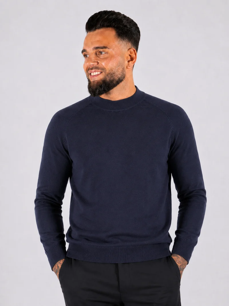 Crewneck Knitwear, Plain with Raglan Sleeve - Navy