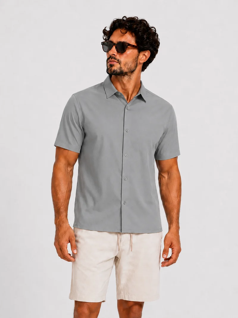 Satin super stretch shirt short sleeve light grey