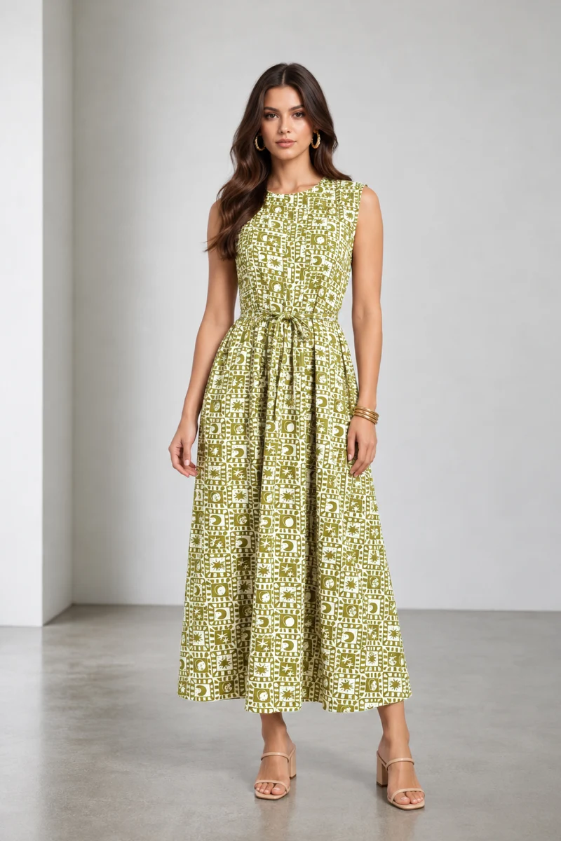 Miran|Cotton Round Neck Pleated Dress