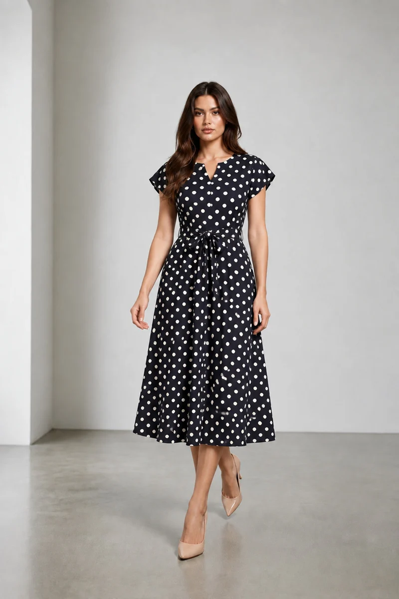 Vianne|Viscose Polka Dot Tie Up Dress