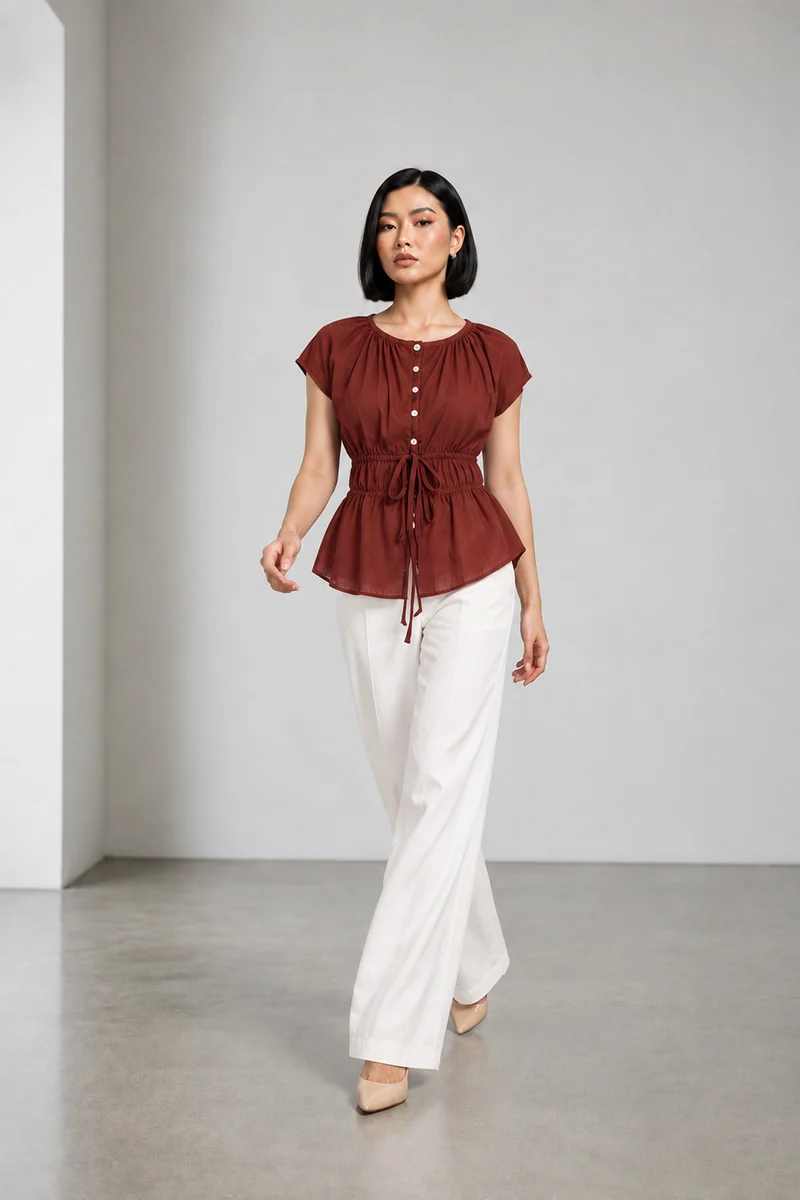 Tivon|Linen Waist Tieup Peplum Top