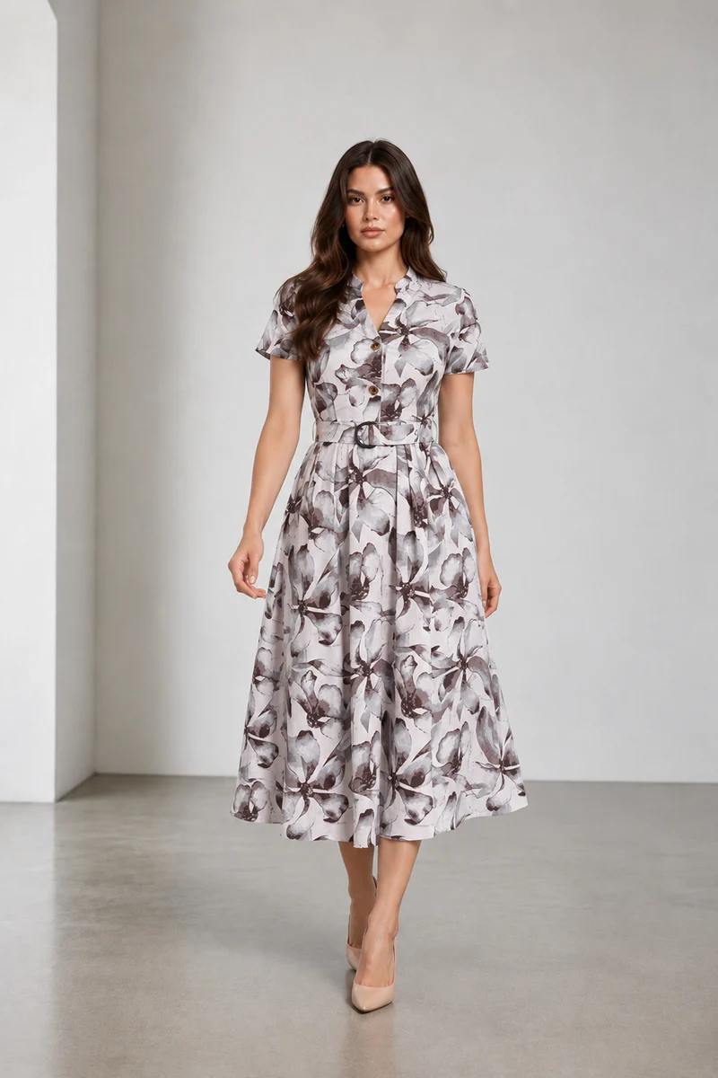 Veyna|Cotton Printed Mandarin Collar Midi Dress