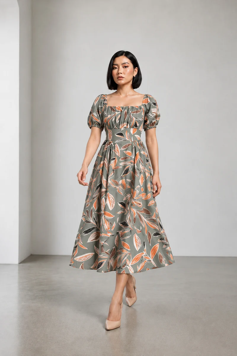 Oriel|Cotton Printed Puff Sleeve Maxi Dress