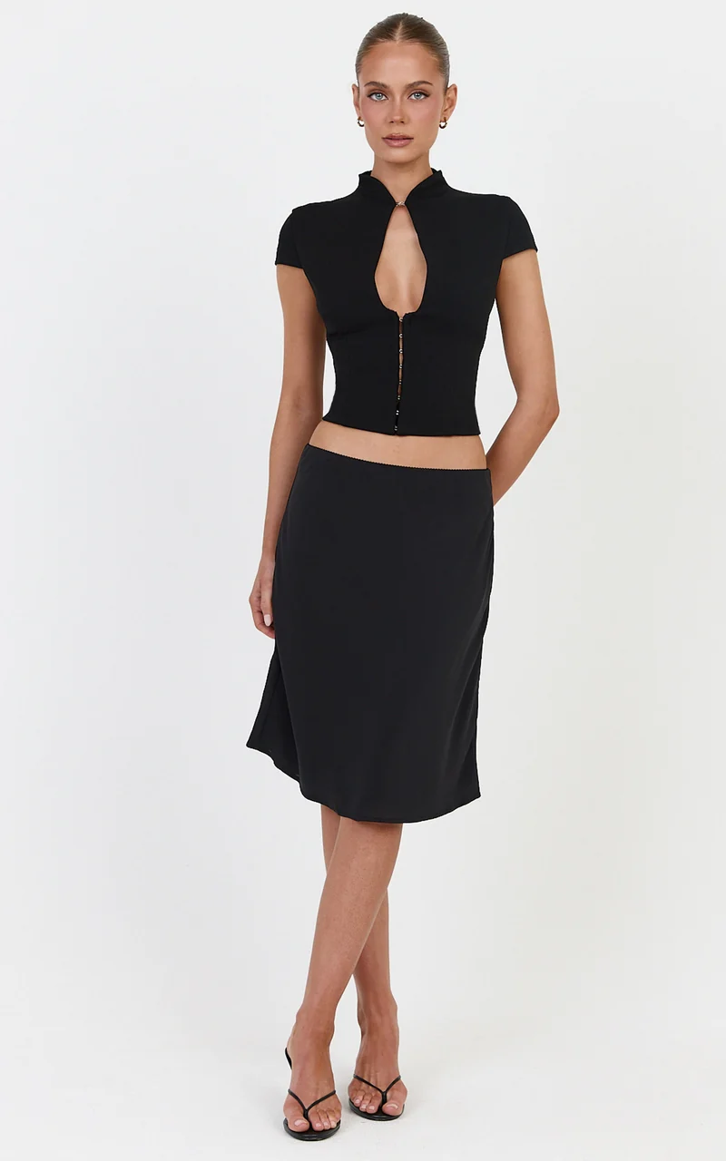 Bryonie Midi Skirt - Mid Waist Knee Length Bias Cut Skirt in Black