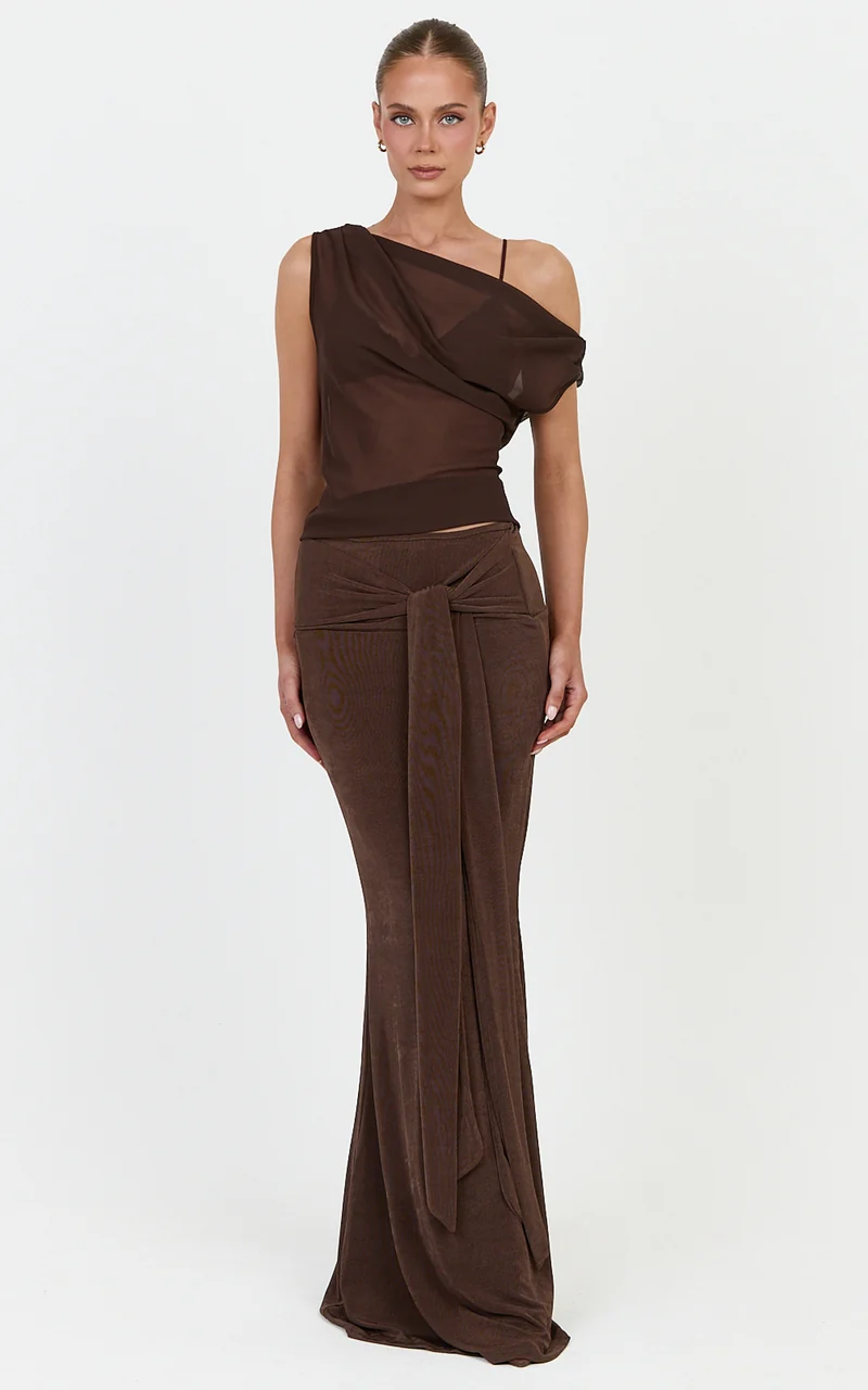 Margaret Maxi Skirt - Tie Waist Jersey Maxi Skirt in Chocolate