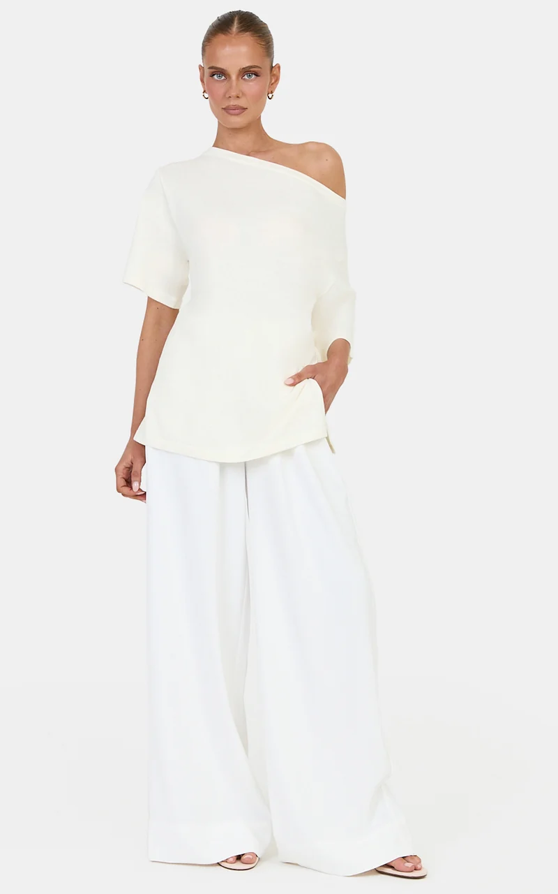 Angela Top - Cotton Oversized Asymmetrical Knit T Shirt in Ivory