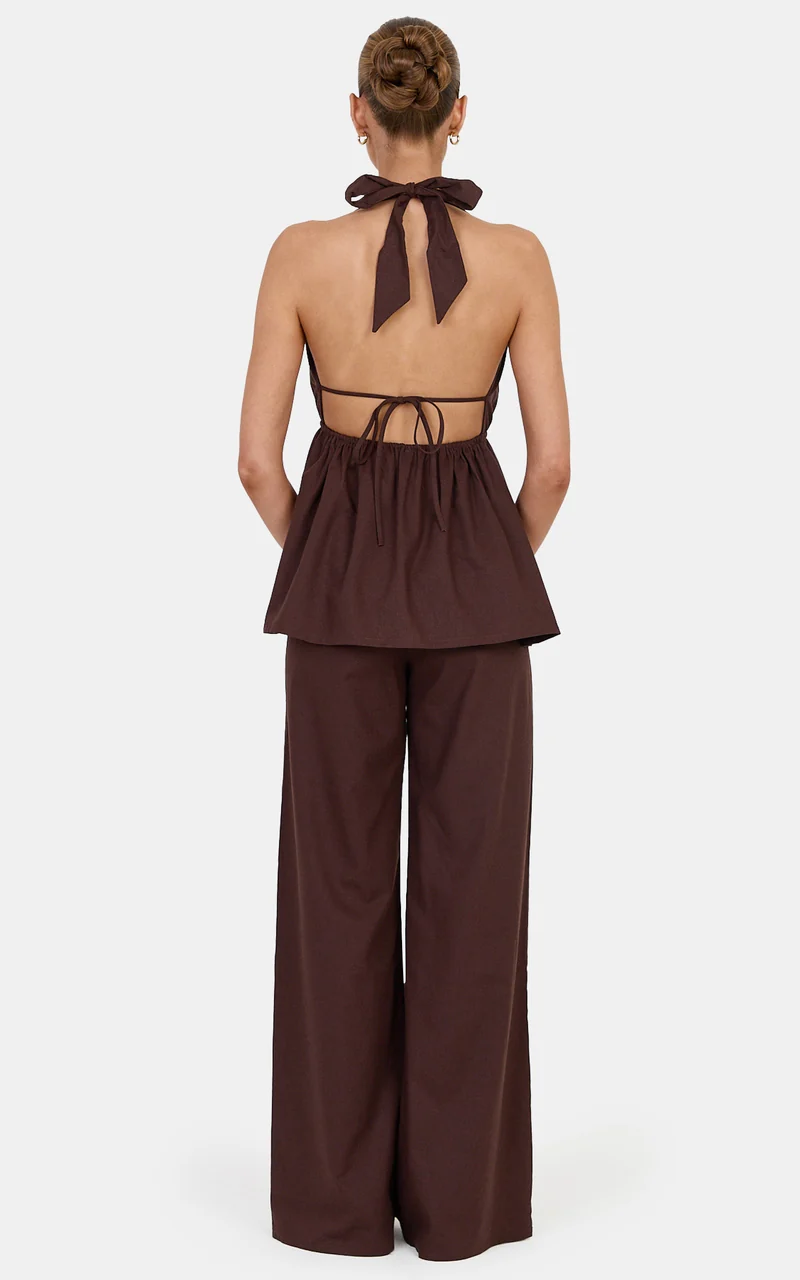 Elizabeth Two Piece Top and Pants Set - Linen Blend Longline Halter Neck Top and Pants Set in Dark Chocolate