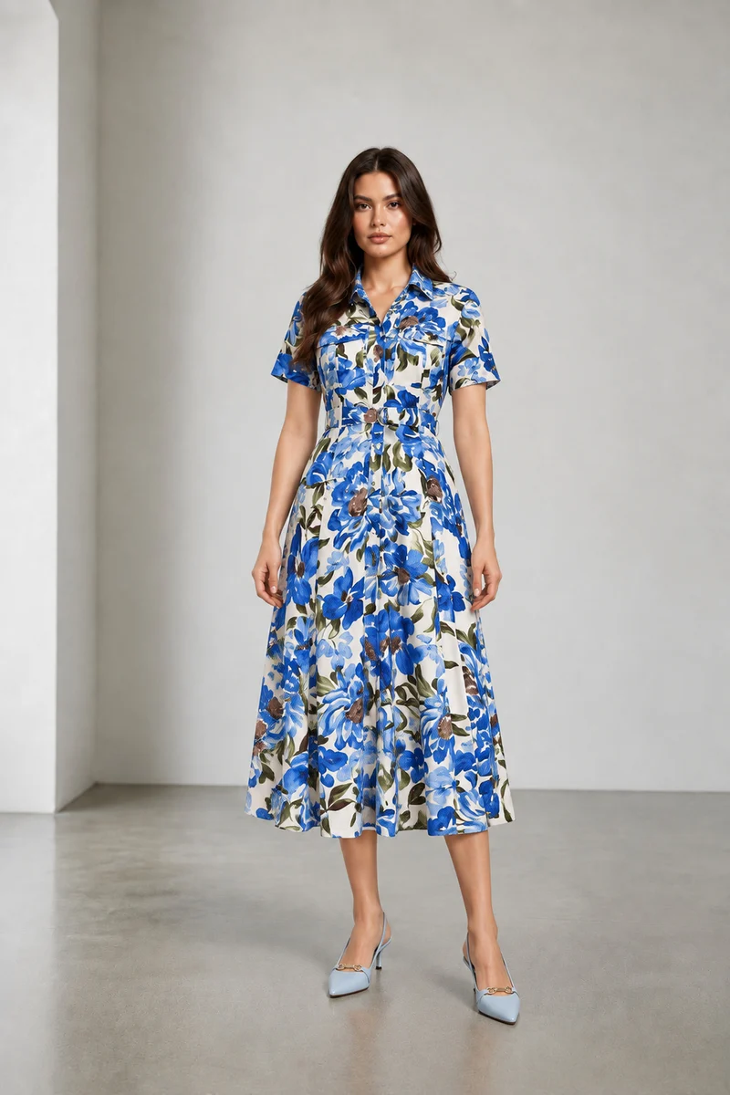 Azura|Viscose Floral Belted Shirt Dress