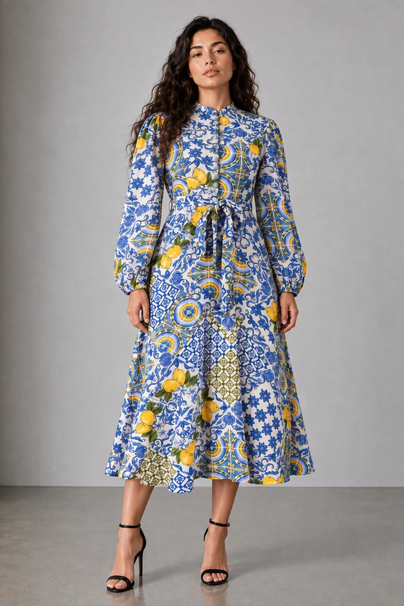 Belya|Rayon Crepe Printed Belted Midi Dress