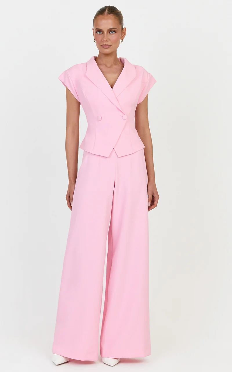 Poppy Pants - High Waist Darted Wide Leg Pants in Baby Pink