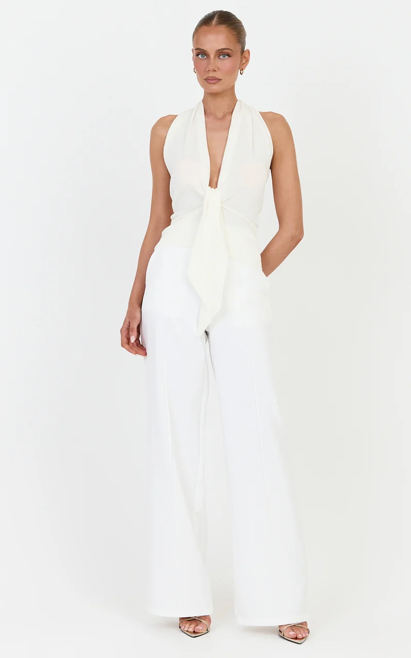 Florence Top - Halterneck Tie Detail Knit Top in Ivory
