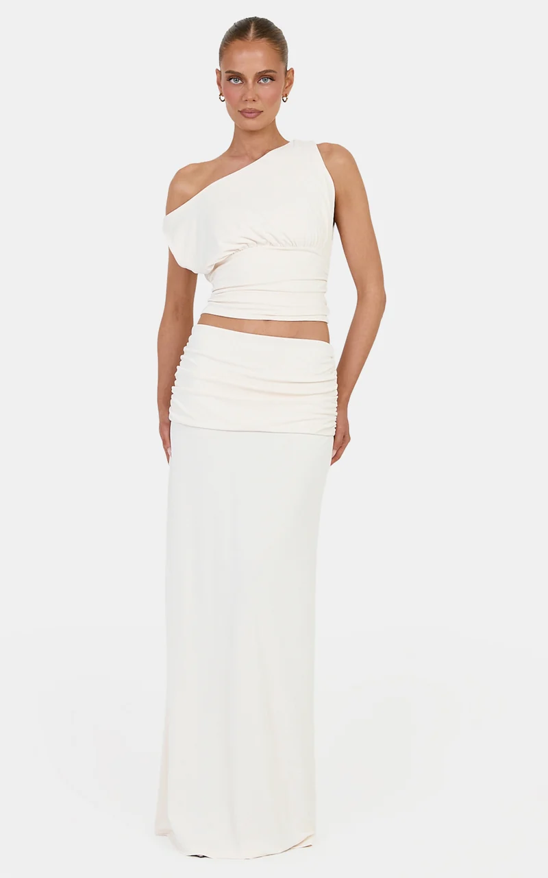Helena Two Piece Top and Skirt Set - Tipped Shoulder Top and Skirt Set in Off White