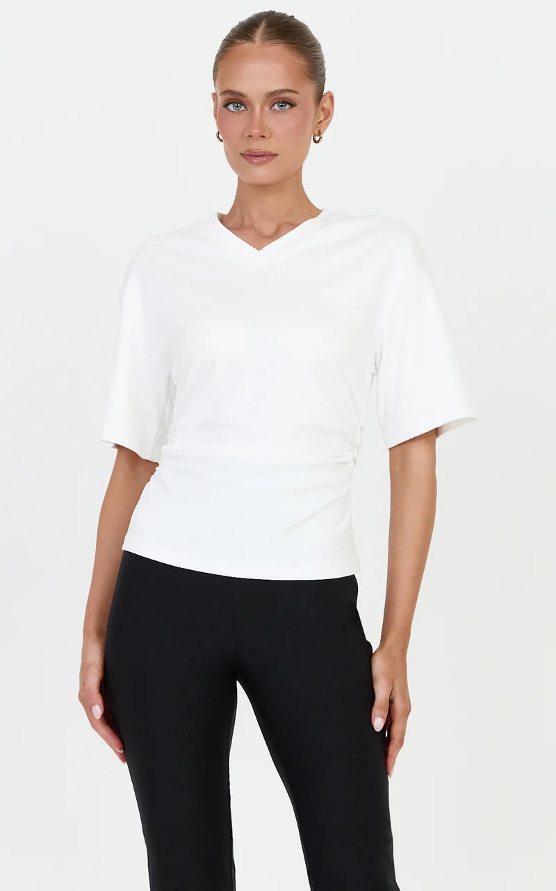 Riva Top - Cotton V Neck Cinched Waist T Shirt in Off White
