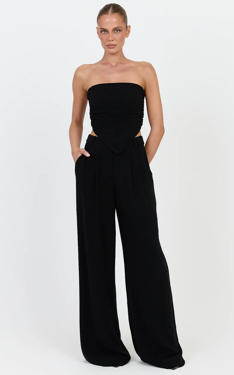 Norma Pants - High Waist Linen Blend Wide Leg Pants in Black