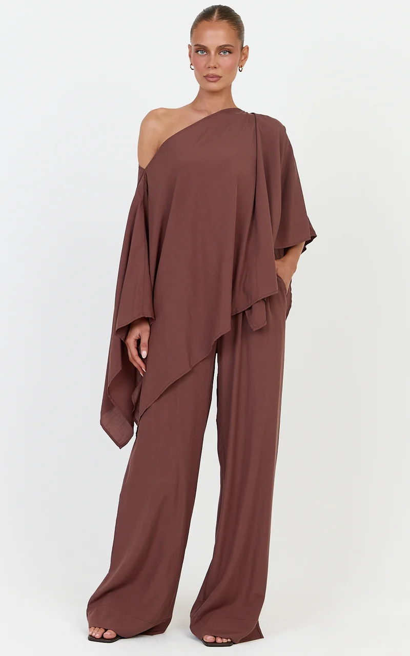 Beatrice Two Piece Top and Pants Set - Off Shoulder Cape Top and Pants Set in Chocolate