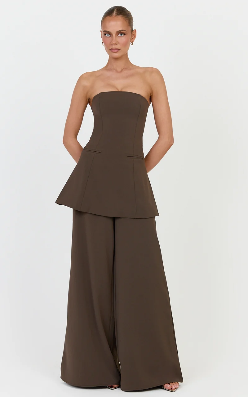 Jane Two Piece Top and Pants Set - Strapless Longline Top and Wide Leg Pants Set in Dark Chocolate