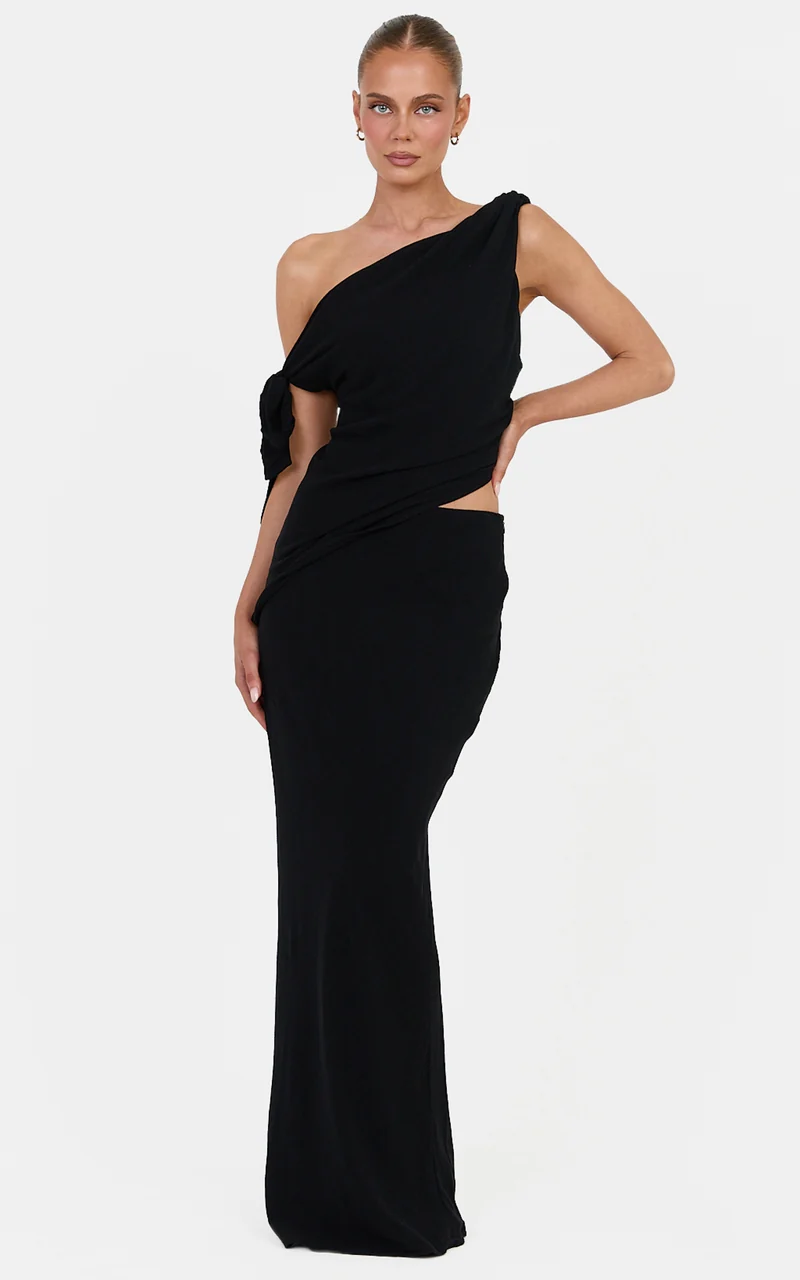 Antoinette Two Piece Top and Skirt Set - Linen Blend Tie Detail Top and Maxi Skirt Set in Black