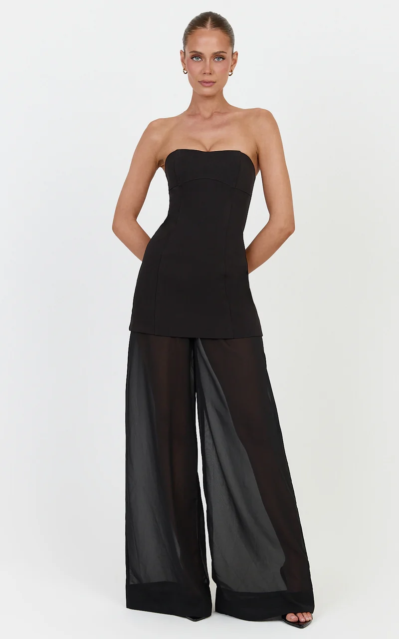 Colette Two Piece Set - Strapless Longline Top And Sheer Wide Legged Pant Set in Black