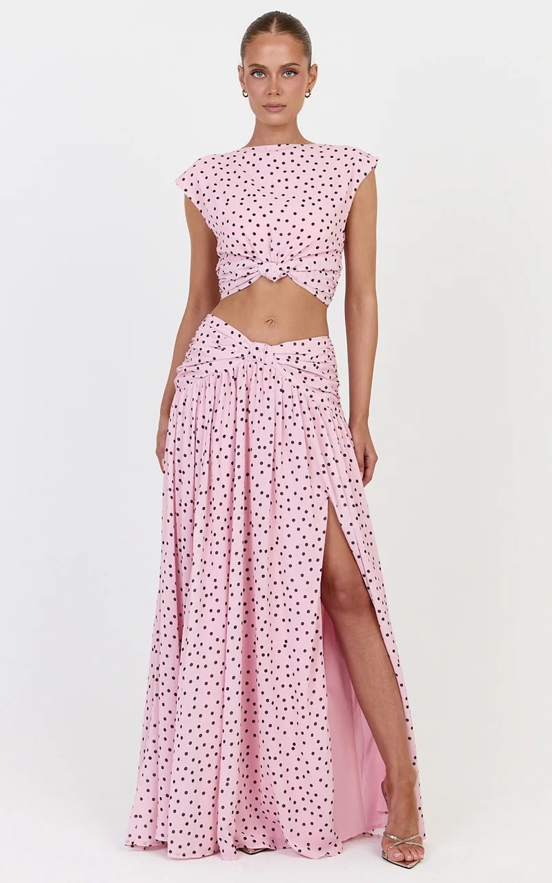 Livia Maxi Skirt - Gathered Waist Knot Detail Split Leg Skirt in Blush Scattered Polka Dot Print