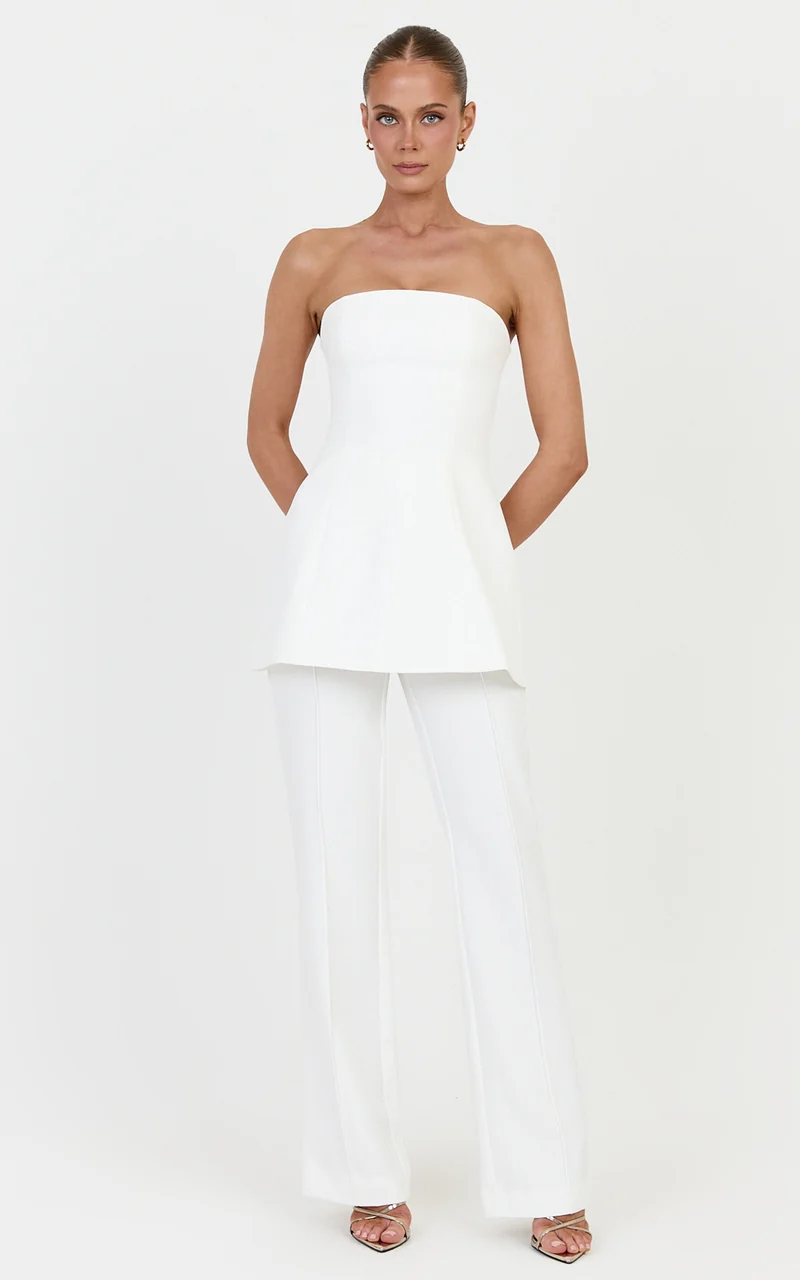 Daisy Pants - Mid Waisted Pin Tucked Bootleg Tailored Pants in Off White