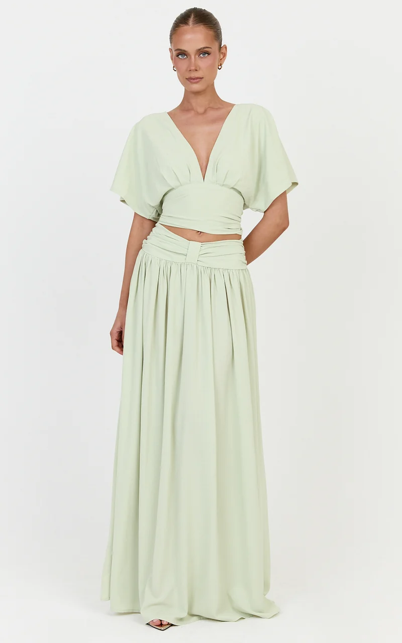 Jade Maxi Skirt - Knot Front Gathered Skirt in Pistachio