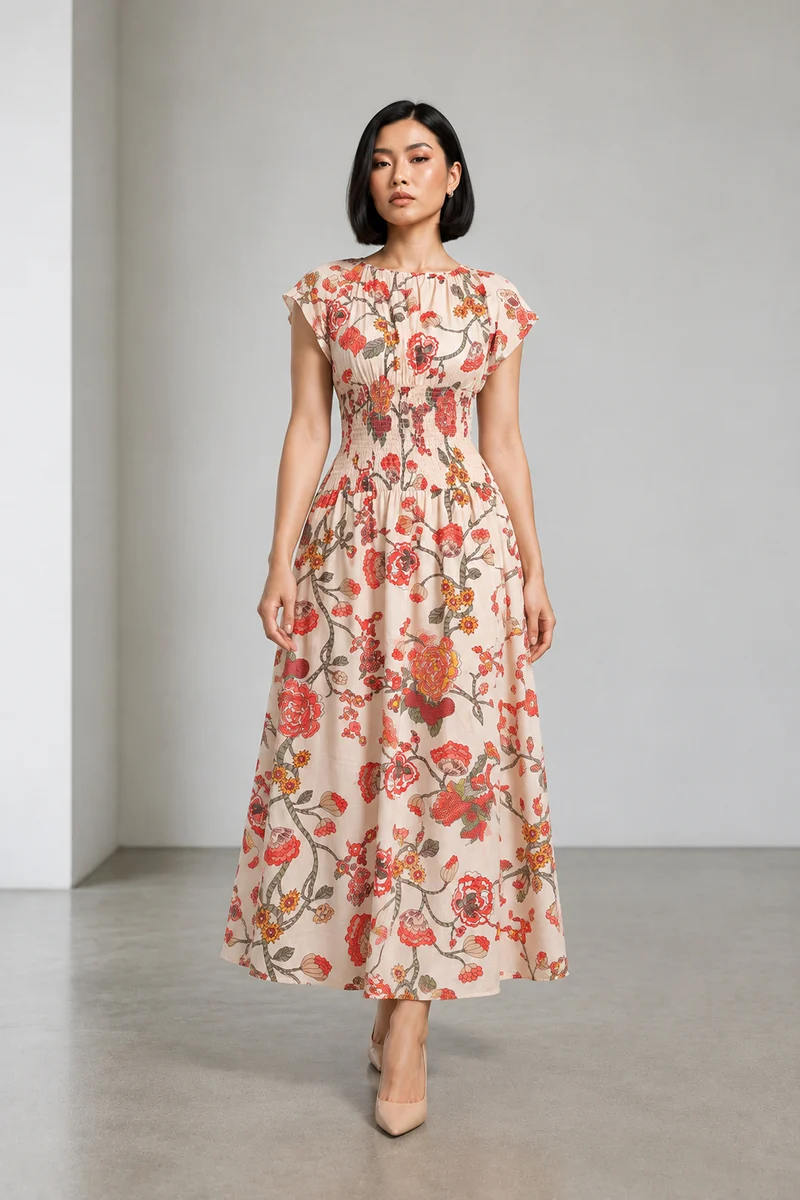 Tavina|Cotton Smocked Waist Midi Dress