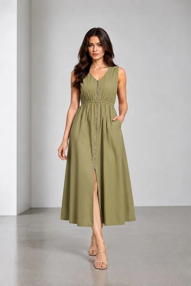 Auria|Cotton Front Zip Closure Maxi Dress