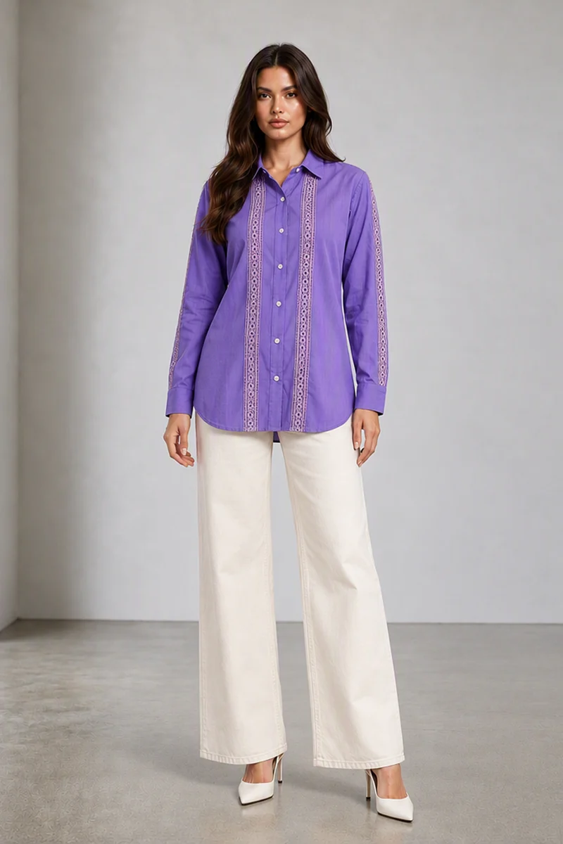 Briala|Cotton Shirt Collar Neck Line Long Sleeves