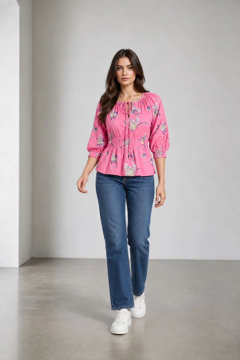 Zavra|Viscose Smocked Waist Peplum Top