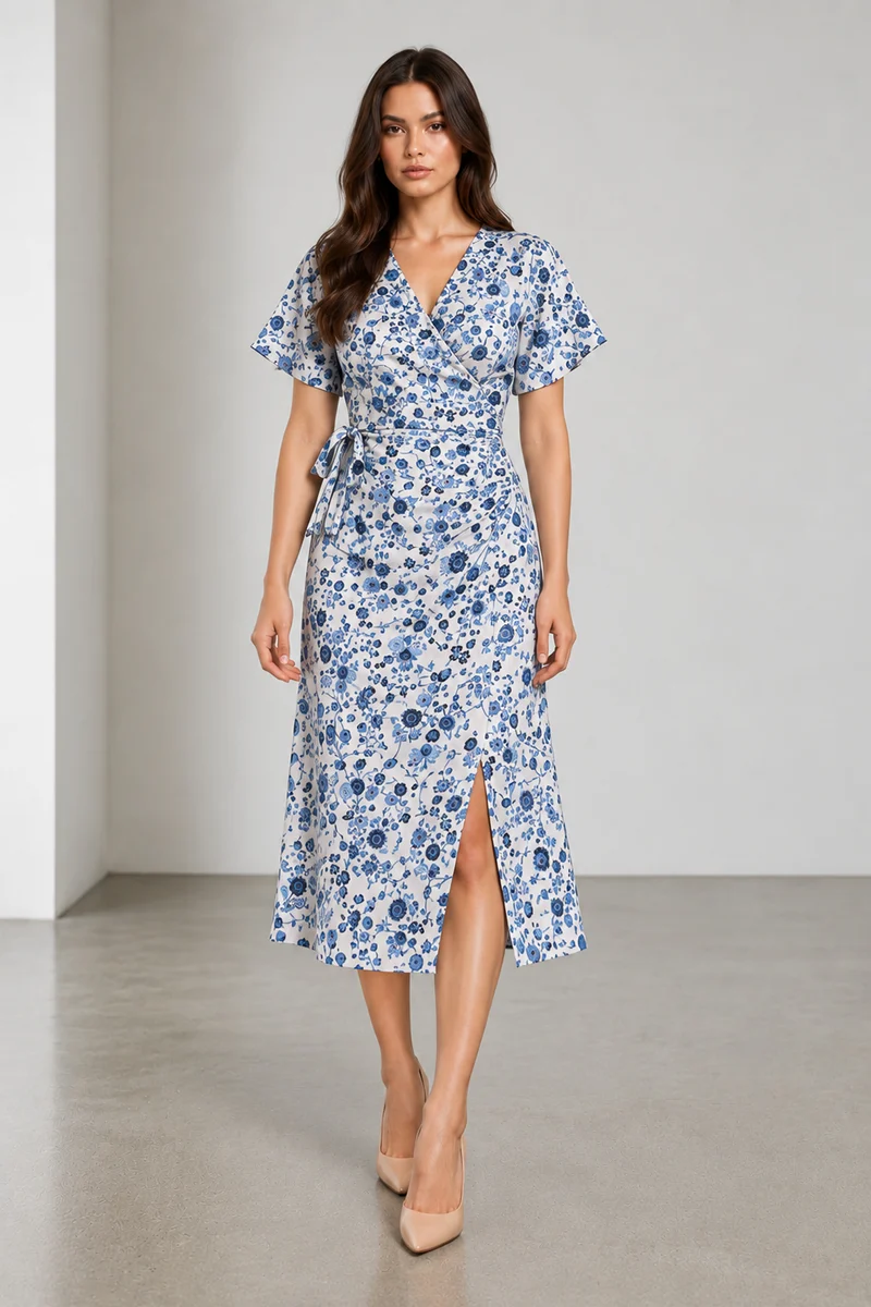 Avell|Cotton Viscose Ditsy Floral Wrap Midi Dress