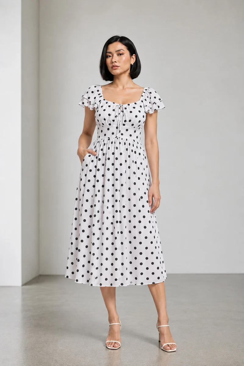 Vinya|Viscose Polka Dot Fit Flared Dress