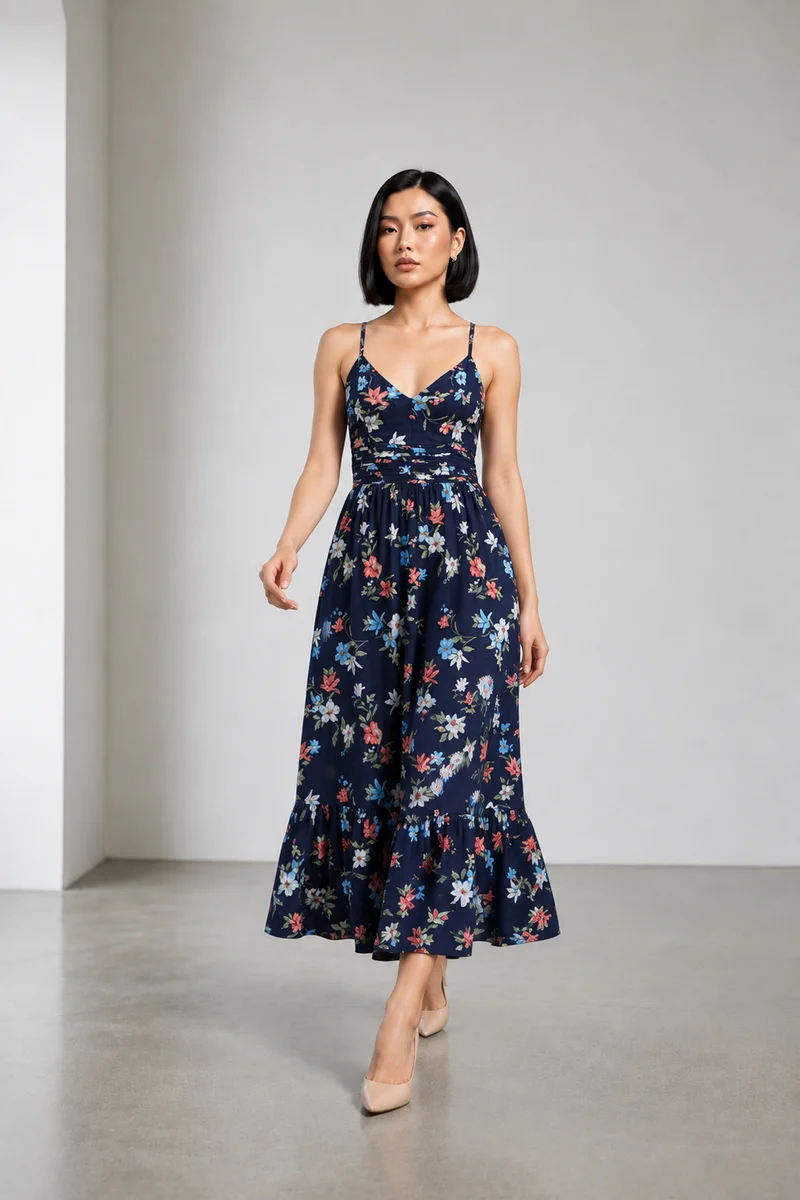 Neri|Viscose Back Tieup Midi Dress