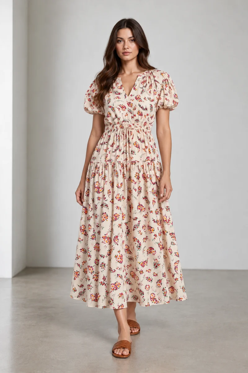 Maelin|Cotton Elasticated Waist Midi Dress