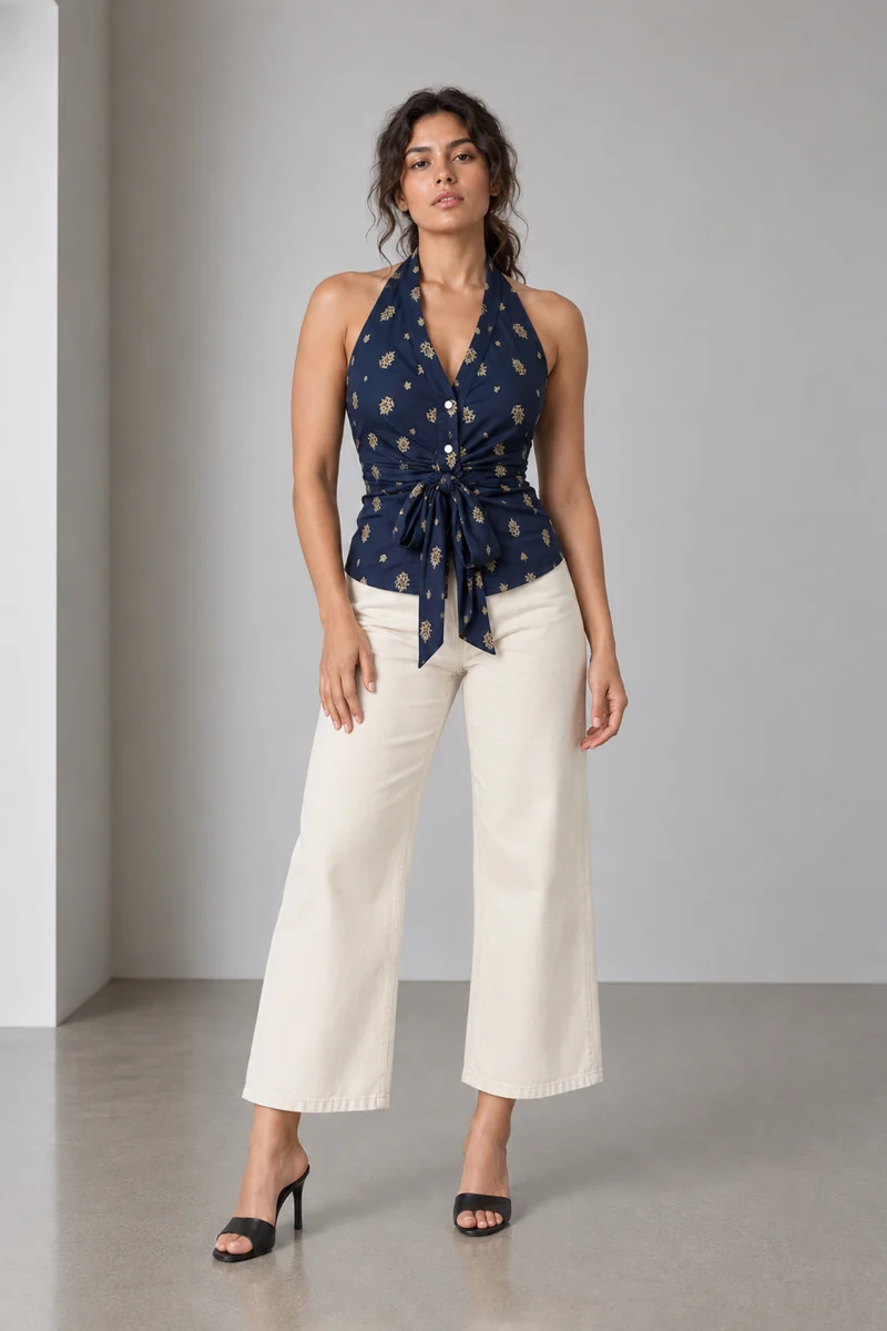 Alda|Viscose Slub Halter Tie Front Top