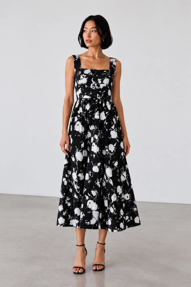 Sarela|Viscose Square Neck Printed Midi Dress