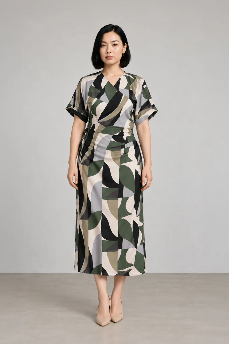 Orien|Viscose Geometric Print Wrap Midi Dress
