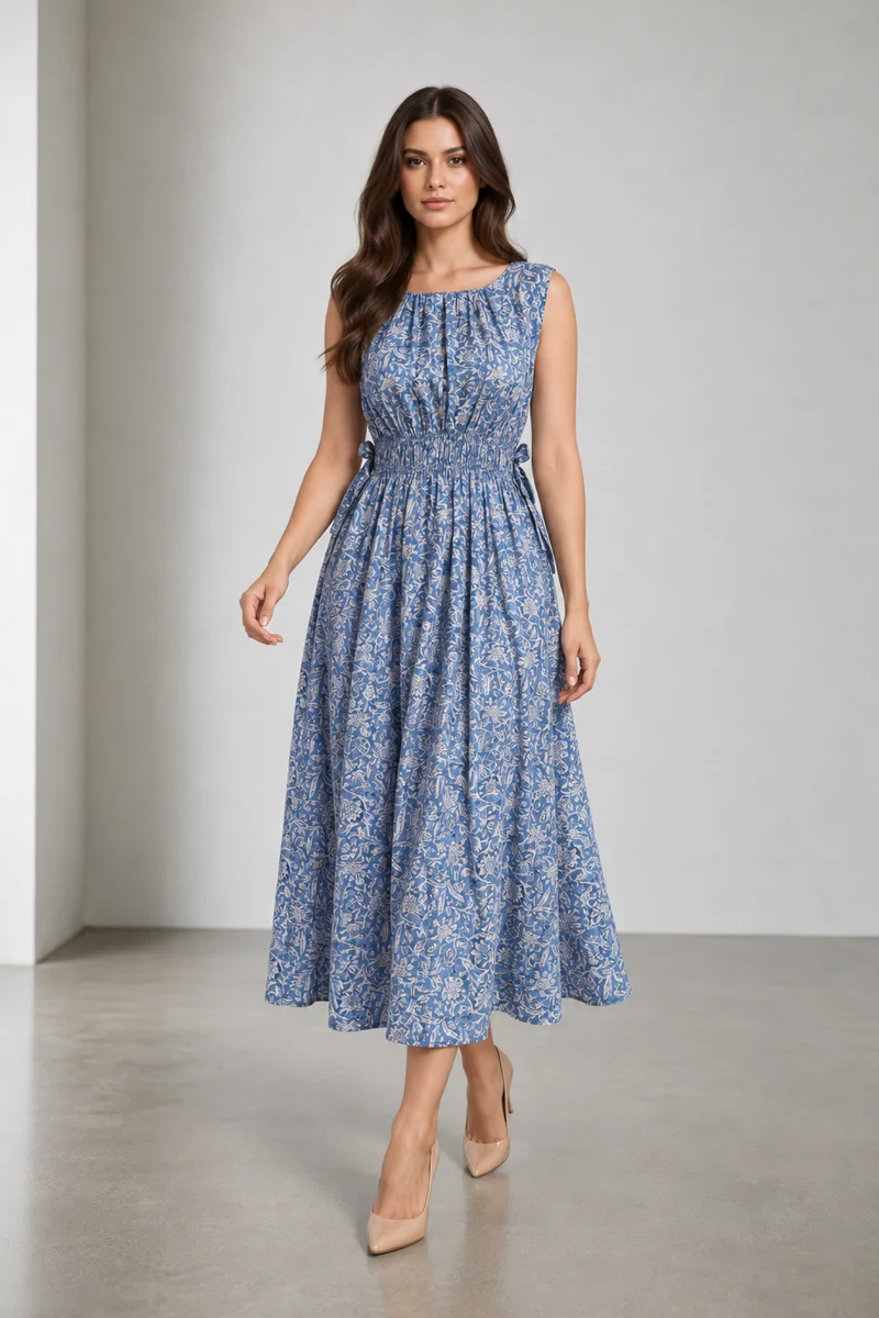 Della|Viscose Waist Tie Up Midi Dress