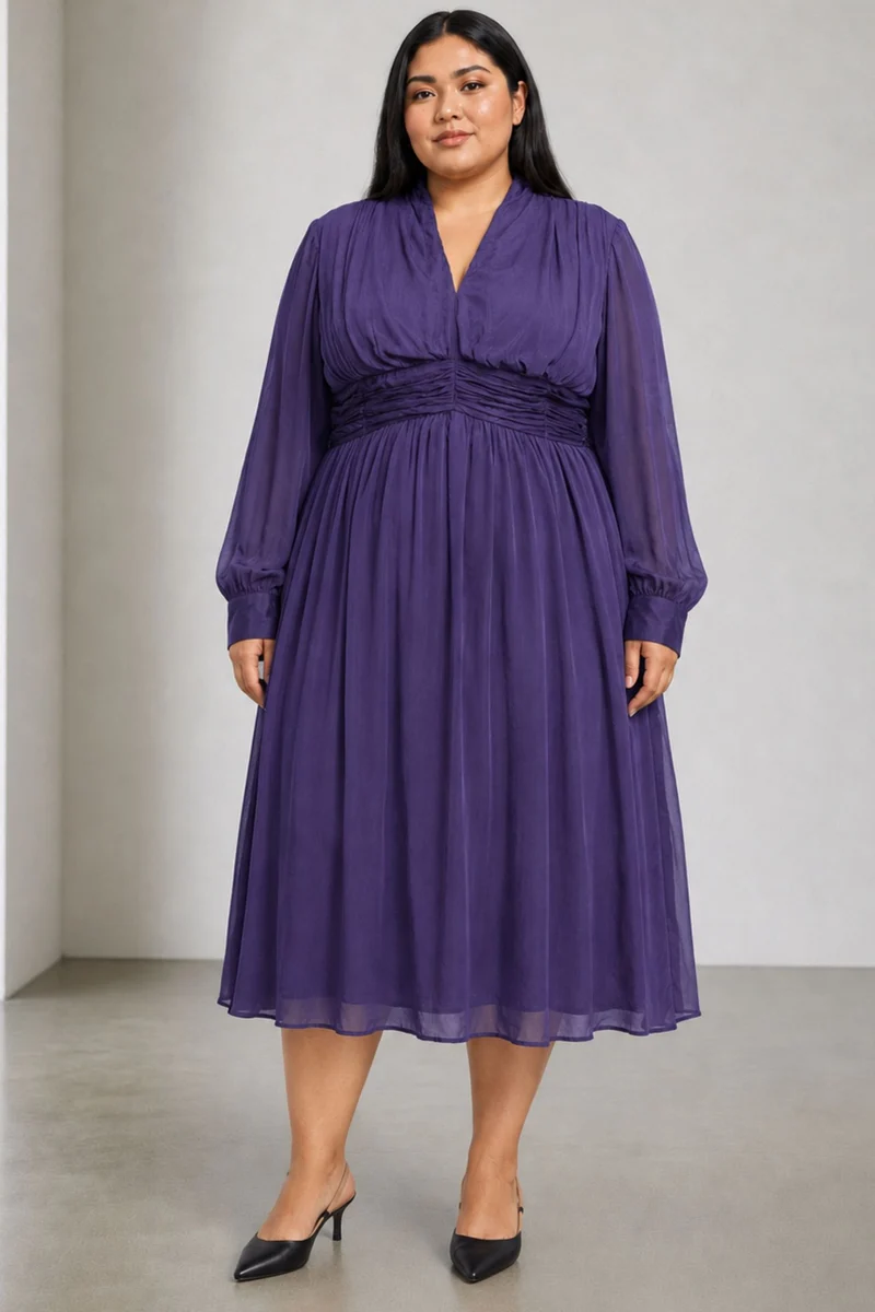 Gravelle|Viscose Ruched V Neck Midi Dress