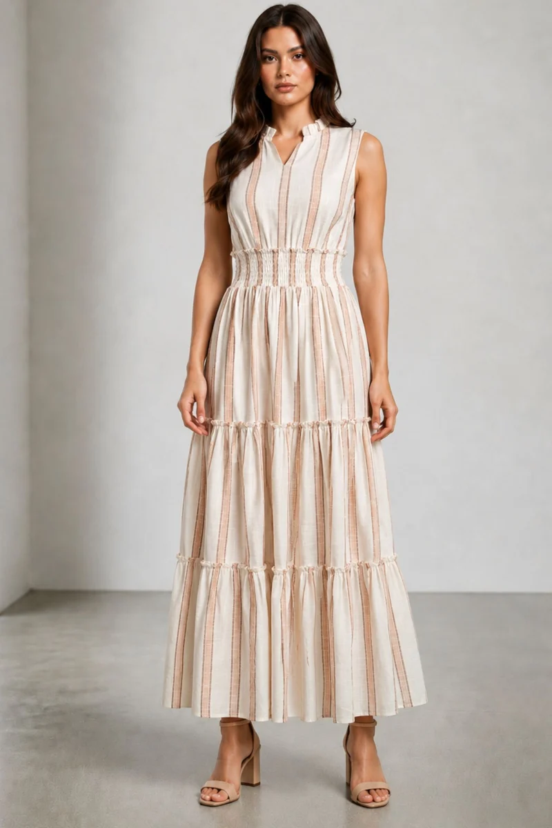 Vivra|Cotton Striped Ruffle Maxi Dress