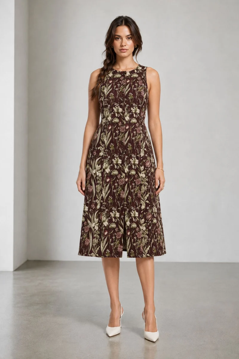 Calis|Cotton Round Neck Button Front Midi Dress