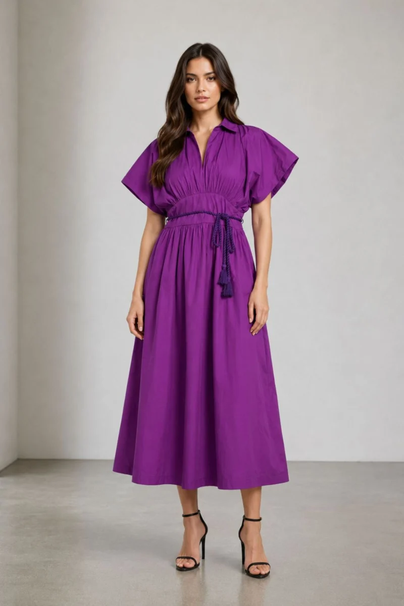 Pavrel|Cotton Collared Fit Flare Midi Dress