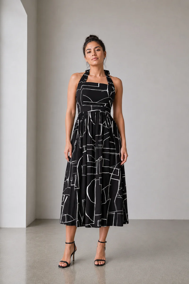 Nimue|Viscose Halter Neck Midi Dress
