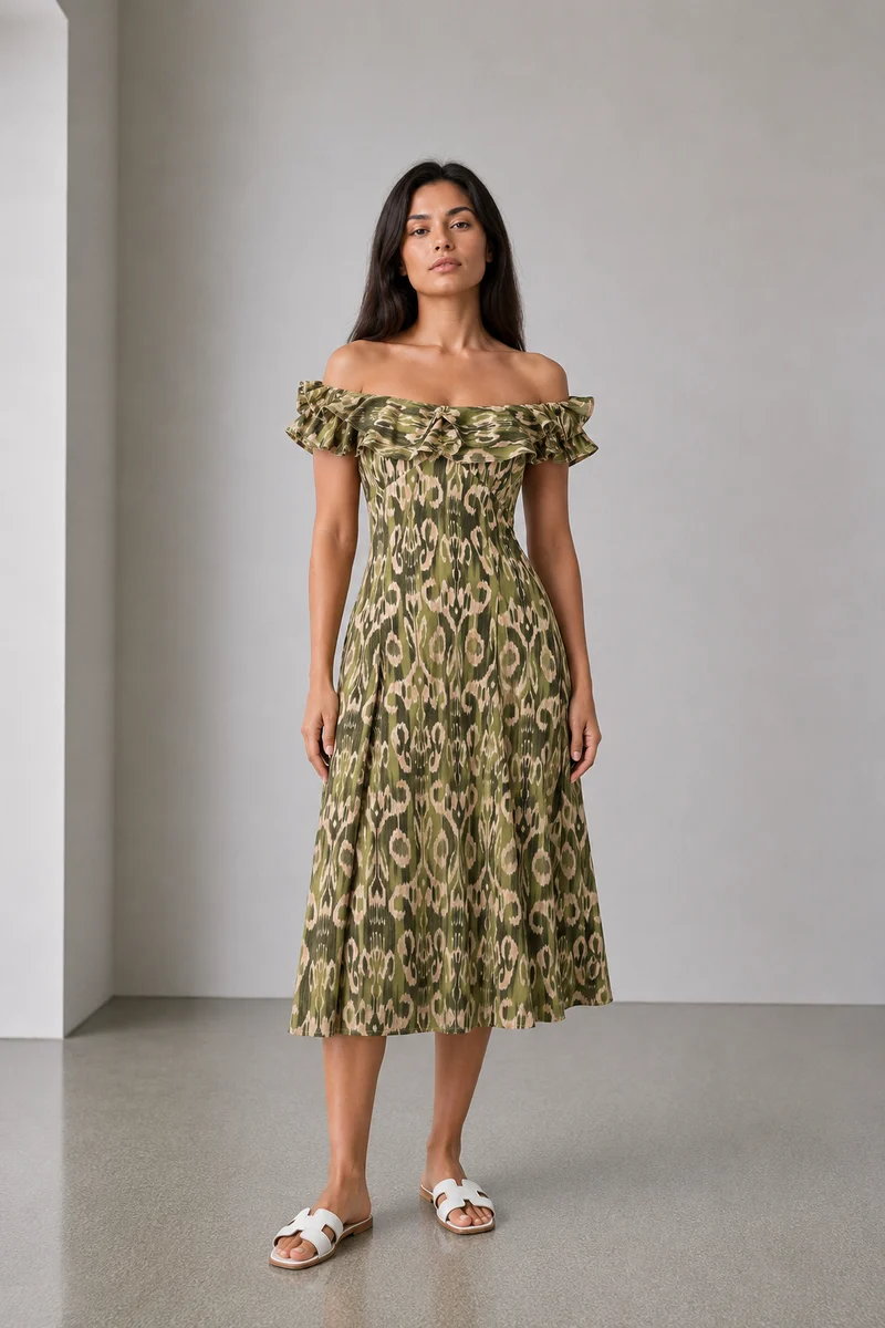 Evania|Cotton Ruffled Neck Printed Midi Dress