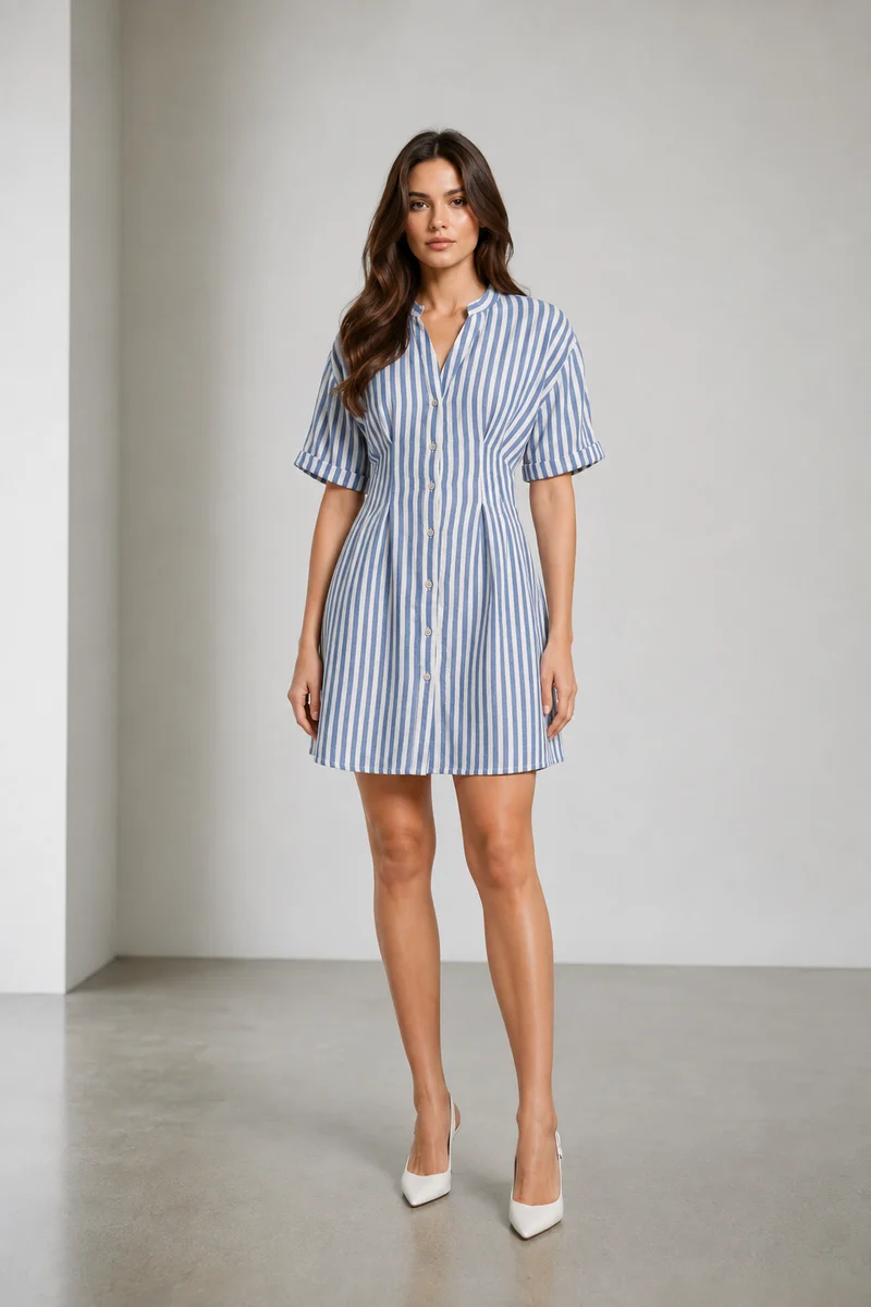 Calio|Cotton Mandarin Collar Mini Dress