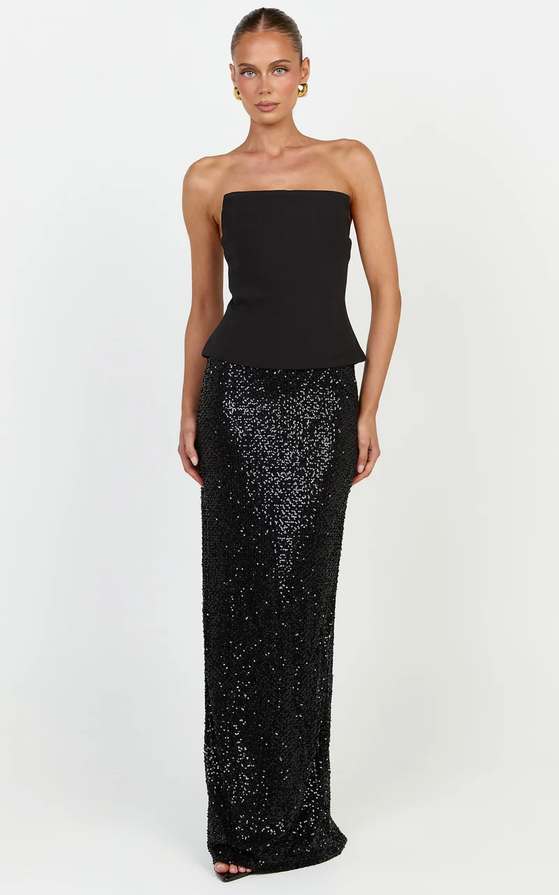 Beth Maxi Skirt - Sequin Back Split Skirt in Black